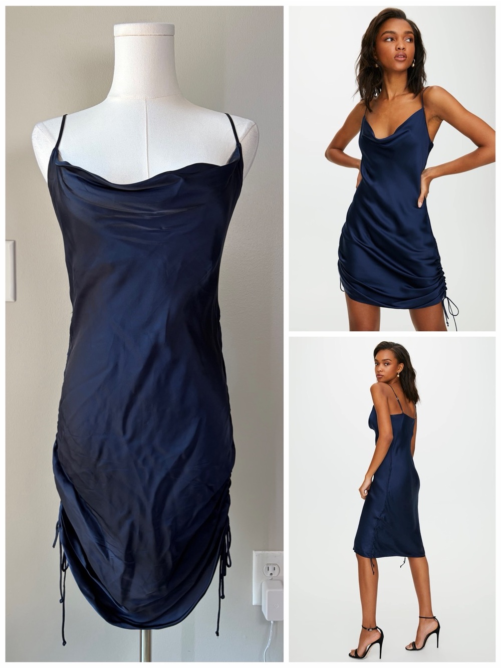 Wilfred Aritzia Navy Adjustable Ruched Satin Cowl Neck Slip Dress